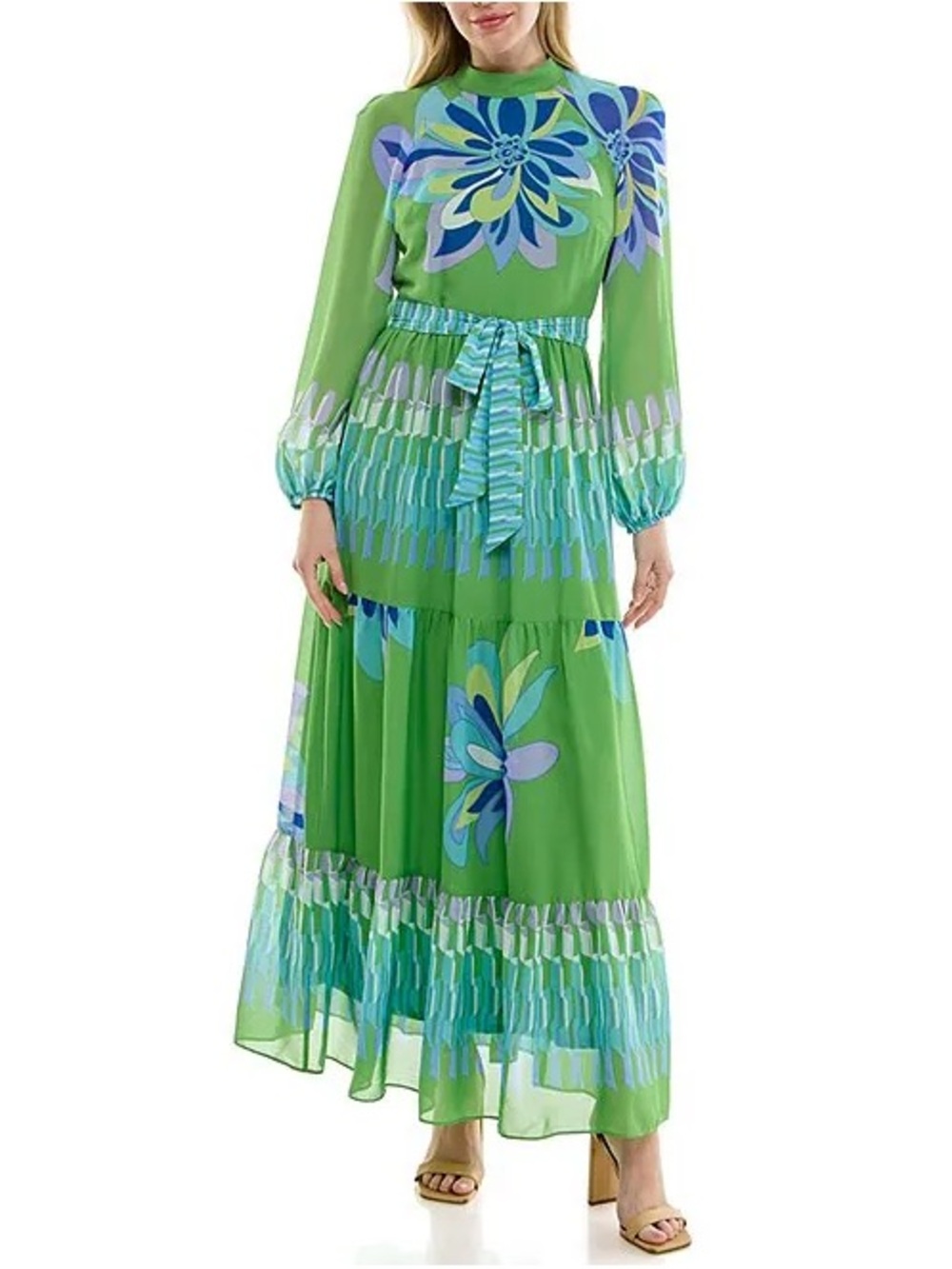 NWT Chiffon Long Sleeve Mock Neck Floral Placement Print Maxi Dress 12